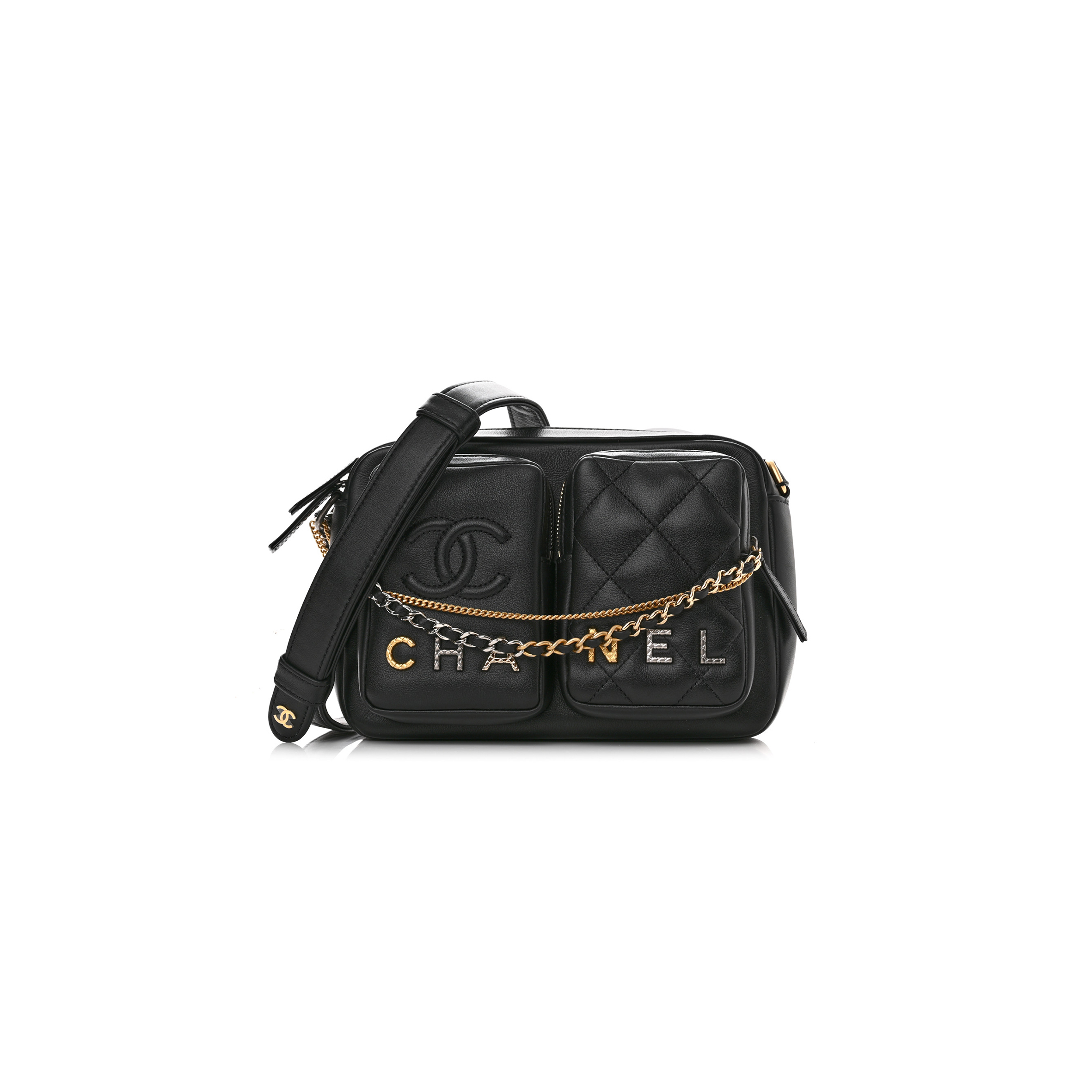 Ch*el calfskin quilted small camera case black as2933 (20.5*14.5*9cm)
